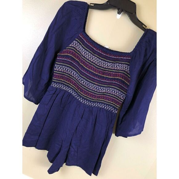E-156 Angie smocked embroidered romper shorts BLUE  size S nwot - Picture 1 of 2